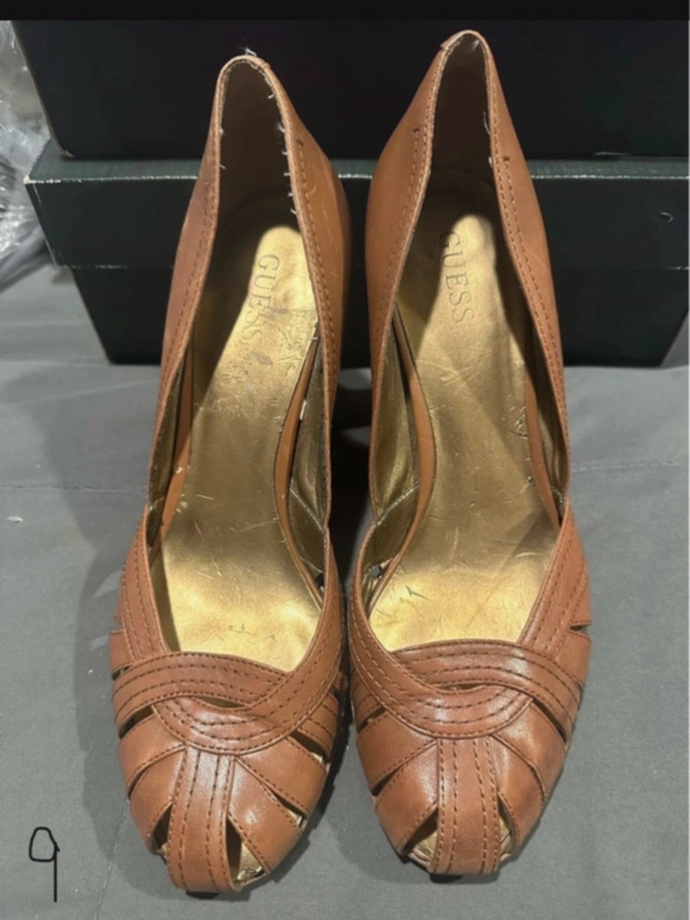 GUESS Tan Brown Peep-Toe Heels with Woven Detail